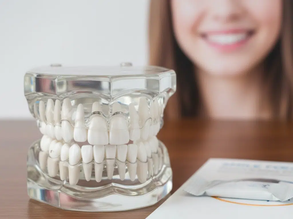 Post braces care – dental model with retainer and smiling patient in background.