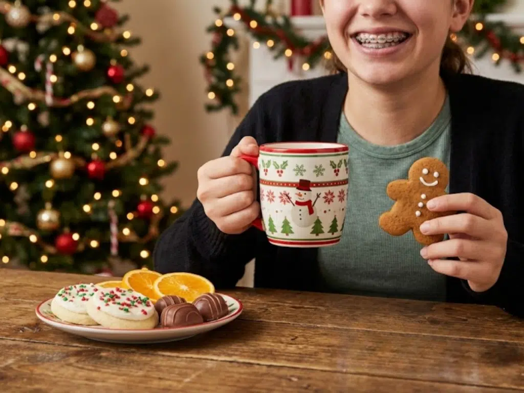 Teen enjoying safe holiday treats with braces