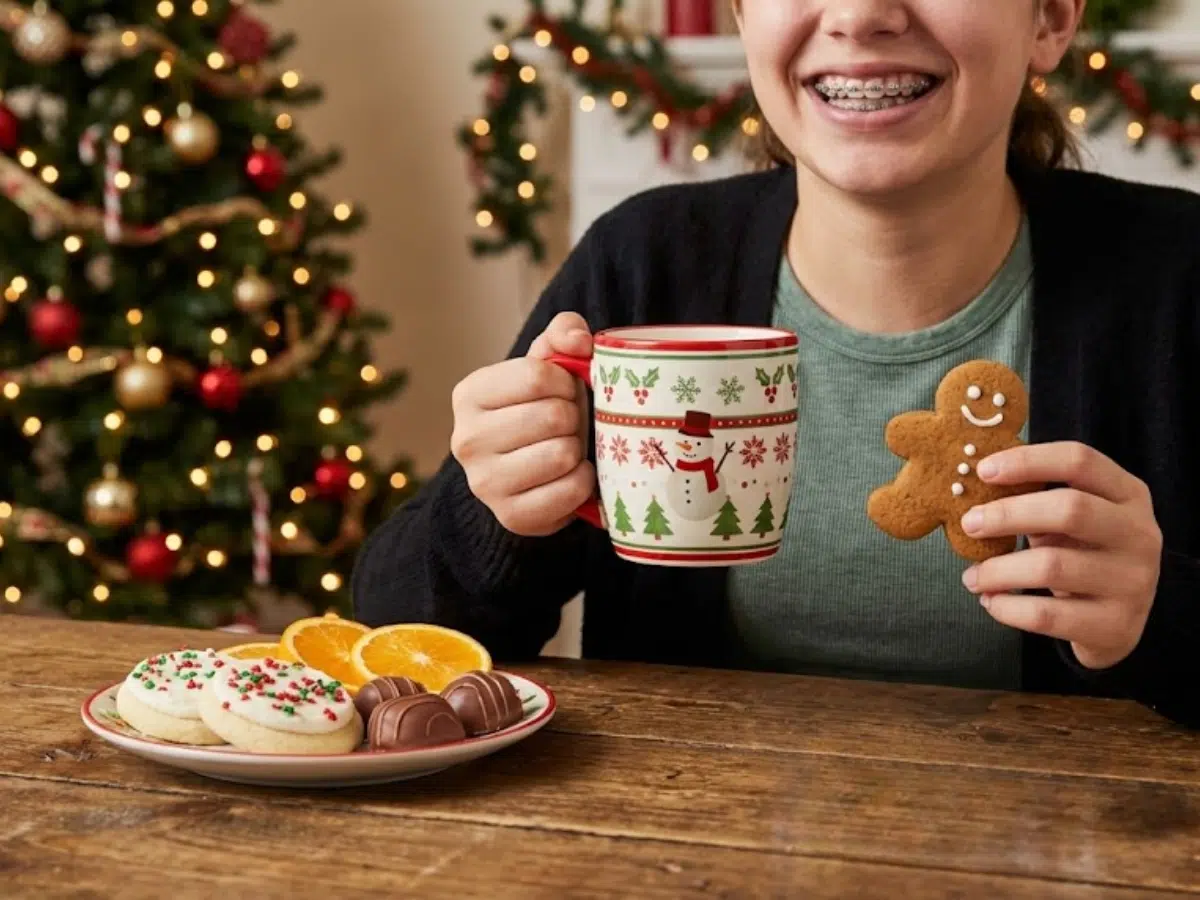 Teen enjoying safe holiday treats with braces
