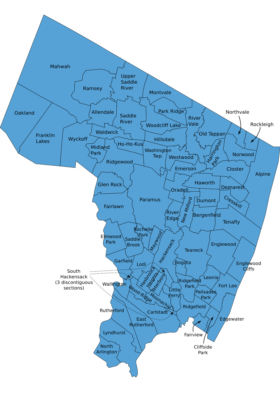 Map of Bergen County, New Jersey showing the towns served by Smile Orthodontists